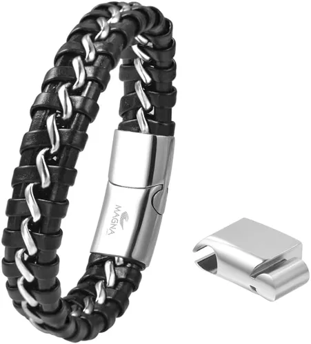 Vista 3 de Magna Steel Pulsera trenzada de cuero genuino para hombre con cierre magnético