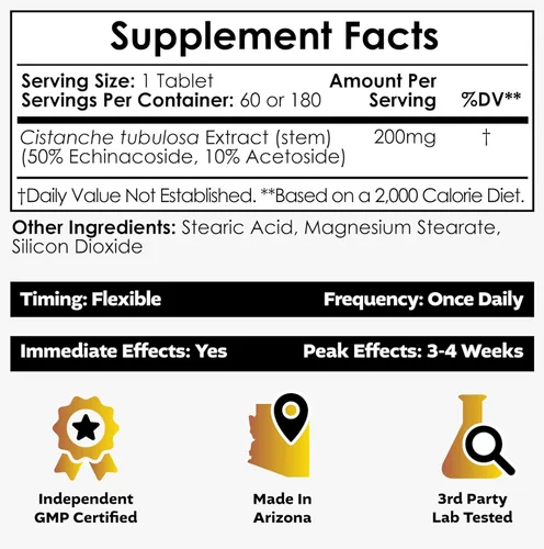 Vista 2 de Nootropics Depot Tabletas de Cistanche tubulosa 200 mg 60 unidades Mínimo 50% equinacosido + 10% acetósido (verbascósido) Promueve la fuerza