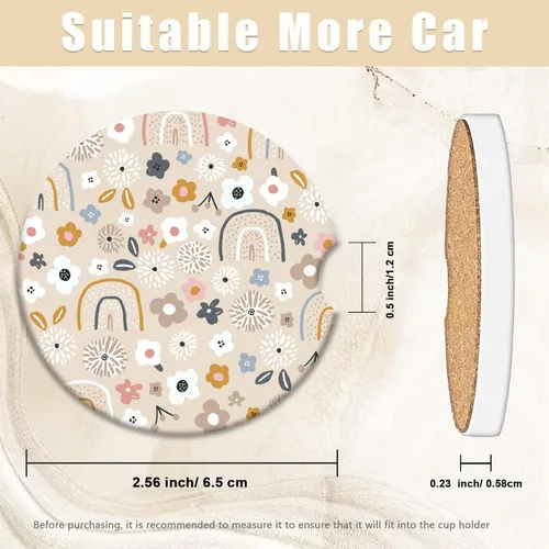 Vista 2 de Posavasos de automóvil con diseño de arcoíris y flores beige para portavasos de automóvil, paquete de 2 posavasos para mujeres y hombres, 2.56