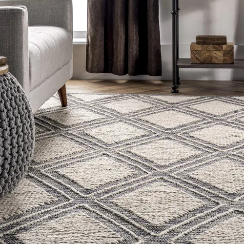 Vista 4 de nuLOOM Amada - Alfombra de algodón con textura de diamantes tejidos a mano, 5 x 8, marfil