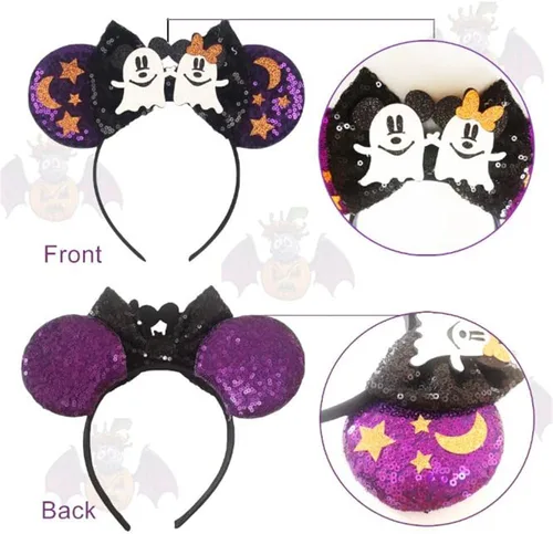 Vista 4 de Diadema de orejas de ratón de Halloween para mujeres y niñas, con lazo de lentejuelas para decoración de fiesta de Halloween, disfraz