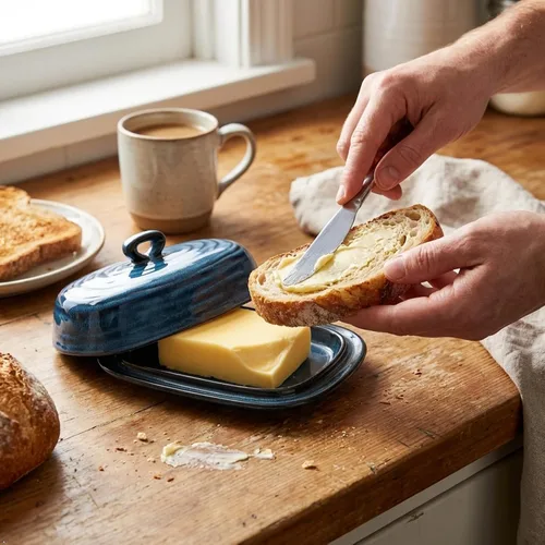 Vista 9 de HASENSE - Mantequillera con tapa, recipiente de mantequilla de porcelana con asa para encimera, gran mantequera y soporte con cubierta para Azul
