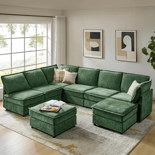 Vista 23 de HULALA HOME Sofá seccional modular, sofá grande en forma de U de 8 asientos con otomano de almacenamiento, sofá cómodo de chenilla con asiento
