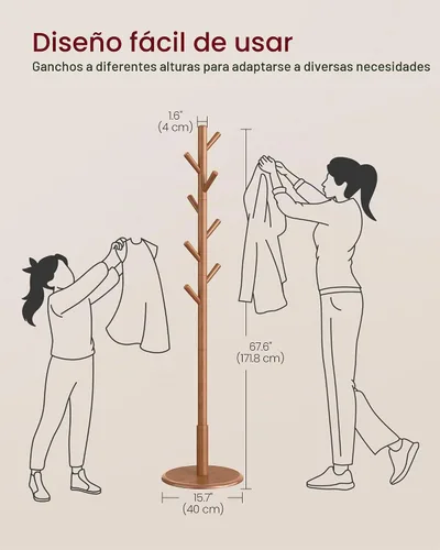 Vista 5 de VASAGLE Perchero de madera maciza, árbol de entrada con 8 ganchos, 3 opciones de altura, para abrigos, sombreros, bolsos, carteras, para entrada