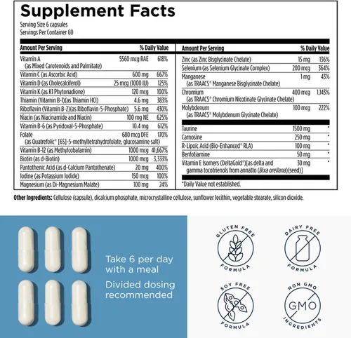 Vista 6 de Designs for Health Metabolic Synergy - Suplemento multivitamínico y mineral con cromo, zinc, selenio, ácido R-lipoico, vitaminas y más (360 cápsulas)