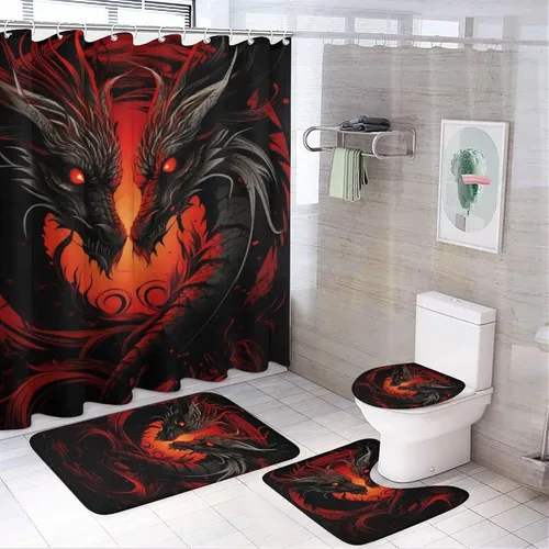 Vista 10 de Juego de 4 cortinas de ducha clásicas de dragón, animales mitológicos, criatura roja fuego, juego de baño con cortina de ducha, alfombra para tapa