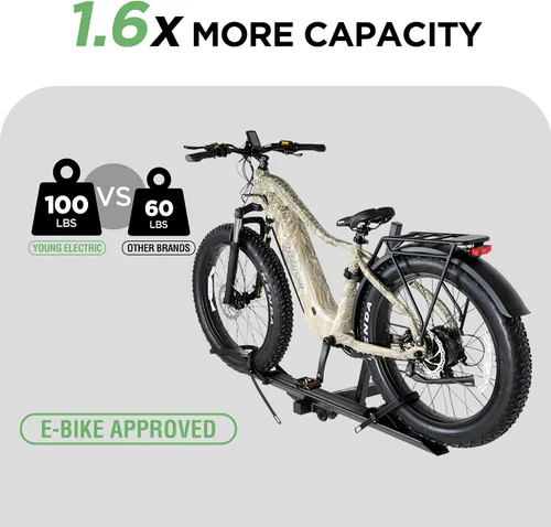 Vista 2 de Young 100 libras. Estante de aluminio para bicicletas y bicicletas eléctricas, se adapta a automóviles, SUV, furgonetas, caravanas y remolques