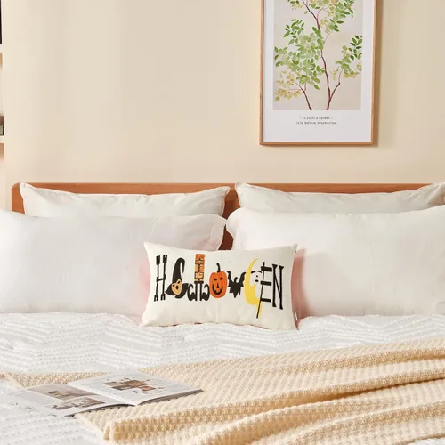 Vista 2 de Alysheer Funda de almohada decorativa de otoño con bordado de Halloween, 12 x 20 pulgadas, funda de cojín de lona de algodón bordada naranja