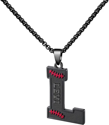 Vista 38 de Ldurian Collar personalizado con nombre de béisbol, cadena negra de acero inoxidable, collar con nombre deportivo, letra A-Z de 24 pulgadas, regalos