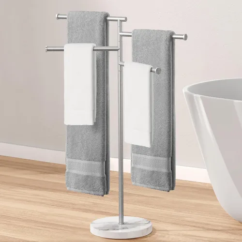 Vista 12 de KES Toalleros de pie para suelo de baño, giratorios, independientes, 2 brazos, con base de mármol pesada, acabado cepillado de acero inoxidable