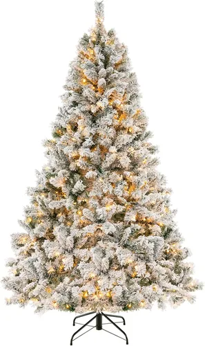 Vista 15 de Goplus - Árbol de Navidad artificial nevado de 4.5 pies, con nieve, flocado, con bisagras, preiluminado con 200 luces LED, 400 puntas de ramas