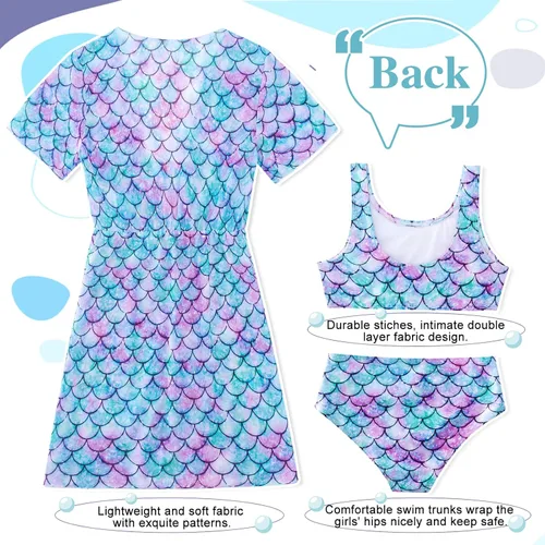 Vista 5 de AIDEAONE Conjunto de traje de baño de 3 piezas para niñas con kimono de secado rápido con cordón de ajuste para 5-12 años