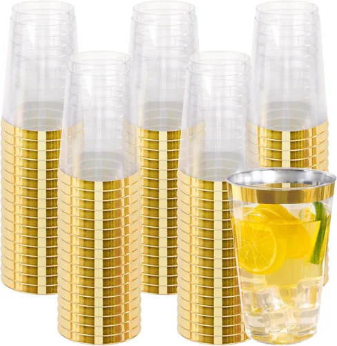 Vista 10 de I00000 Paquete de 100 vasos de plástico dorados de 14 onzas, vasos desechables de plástico con purpurina dorada, copas de vino desechables, copas