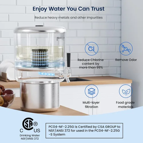 Vista 2 de Sistema de filtración de agua de encimera GLACIER FRESH de 2.25G de acero inoxidable, alimentado por gravedad con tecnología de filtración