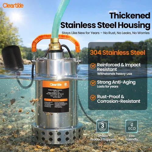 Vista 3 de Cleartide Bomba de sumidero de agua sumergible de acero inoxidable con interruptor de flotador, 1/2 HP, 3060 GPH ideal para piscina, patio, bodega