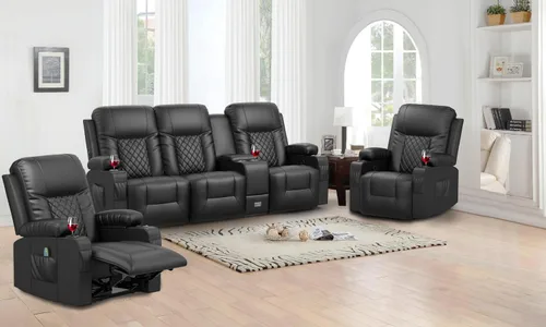 Vista 8 de YONISEE - Juego de sofá reclinable moderno - Sofá de 3 asientos y 1 silla reclinable giratoria con calor y masaje para sala de estar (3+1)