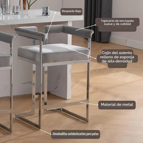 Vista 6 de DUOMAY Juego de 2 taburetes de bar modernos, taburete de 26 pulgadas de altura de mostrador con acabado cromado de metal, silla de isla de cocina