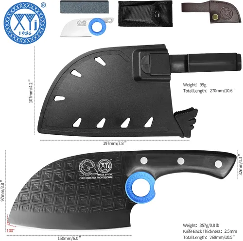 Vista 9 de XYJ Auténtico desde 1986, cuchillo de carnicero grande y resistente, cuchillo de chef serbio con estuche, cuchillo de cocina para vegetales