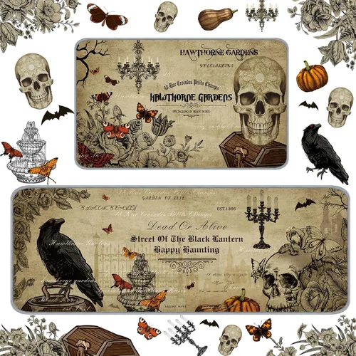 Vista 8 de Timgle 2 alfombras de Halloween con diseño de calabaza y esqueleto, diseño de bruja, para cocina y baño, decoración gótica para Halloween, hogar