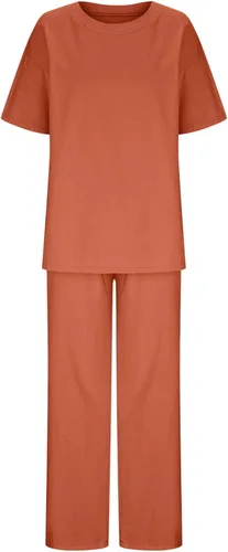 Vista 29 de Conjuntos de verano de 2 piezas para mujer, conjuntos elegantes y casuales de color liso, para verano, otoño, cuello redondo, tops y pantalones