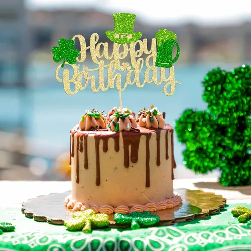 Vista 6 de Gyufise 1 decoración para pastel del día de San Patricio, trébol verde con purpurina de cuatro hojas, decoración de pastel de cumpleaños, decoración