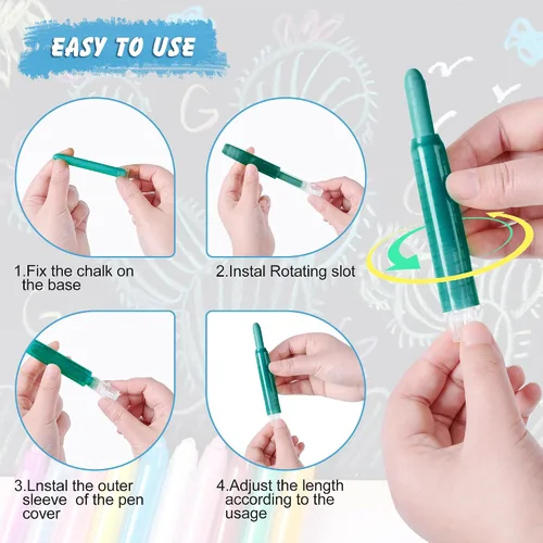 Vista 6 de Tiza sin polvo para niños, tiza de colores no tóxica para acera con soporte para niños, 24 tizas lavables de colores para dibujo y escritura
