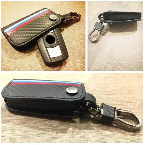 Vista 3 de iJDMTOY Emblemático llavero de cuero con patrón de fibra de carbono negro de 3 colores con llavero compatible con el mando a distancia BMW