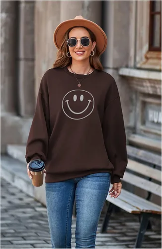 Vista 4 de Sudadera casual de moda con cuello redondo de gran tamaño con estampado gráfico de cara sonriente, ajuste holgado con capucha