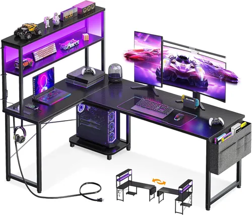 Vista 11 de AODK Escritorio en Forma de L para Gaming con Luz LED y Toma de Corriente, Mesa de Computadora Reversible en Forma de L de 43 Pulgadas con Estante