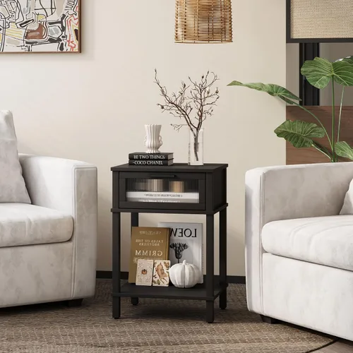 Vista 4 de Mesita de noche de madera con cajón, mesita de noche negra, estilo moderno, mesa auxiliar pequeña con estante de almacenamiento para dormitorio