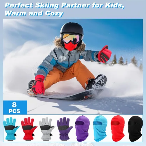 Vista 5 de Liitrsh Juego de 8 guantes de esquí de invierno y pasamontañas para niños, incluye 4 pares de guantes de nieve y 4 máscaras de esquí, pasamontañas
