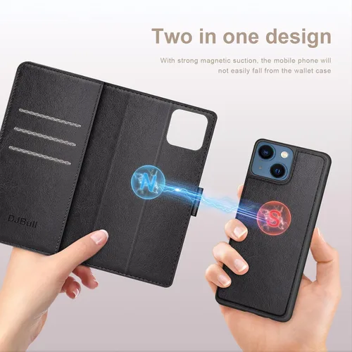Vista 3 de DJBull Funda tipo cartera desmontable 2 en 1 para iPhone 14 Plus de 6.7 pulgadas con tarjetero de crédito con bloqueo RFID, funda protectora de piel