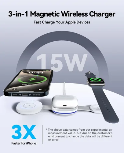 Vista 3 de Cargador inalámbrico MagSafe 3 en 1 para dispositivos Apple, estación de carga rápida de 15 W Estación de carga de viaje plegable compatible