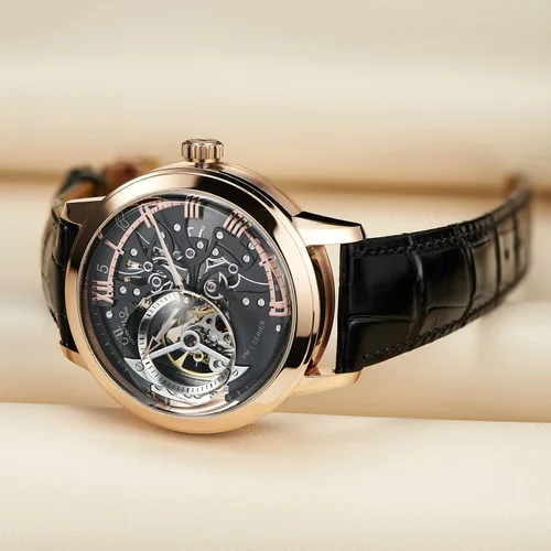 Vista 2 de OBLVLO Relojes de lujo de oro rosa para hombre esfera de esqueleto relojes automáticos correa de cuero VM-1