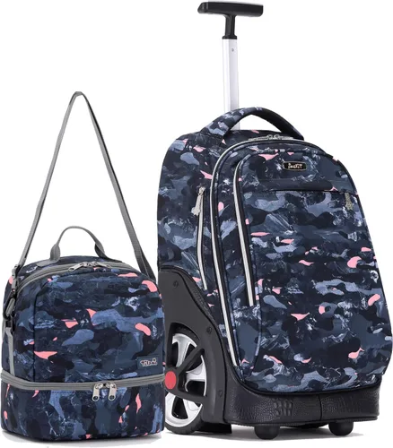Vista 115 de NEW TILAMI Mochila con ruedas de 19 pulgadas con bolsa de almuerzo para niñas y niños, mochila para laptop con ruedas, bolsa de mano duradera