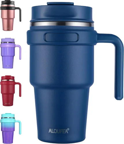 Vista 22 de Taza de café aislada de 20 onzas con asa, vaso de viaje de acero inoxidable con tapa y popote, taza térmica de doble pared al vacío a prueba de Negro