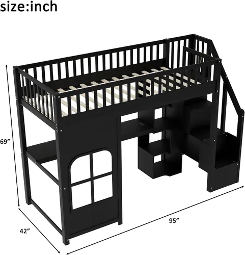 Vista 2 de Playhouse Wood Twin Size Loft Bed with Storage Staircase, Desk, Shelves