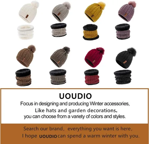 Vista 6 de UOUDIO Conjunto de gorro de punto con pompones para mujer y hombre gorro de esquí de invierno gorro de calavera holgado con forro polar