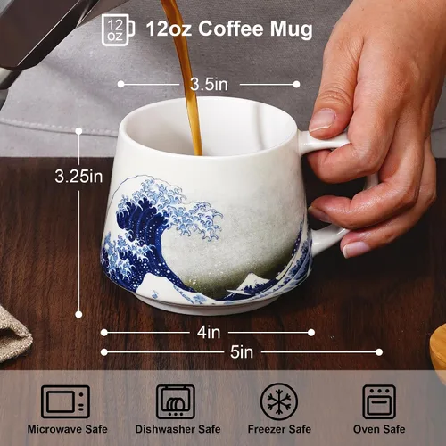 Vista 2 de Topadorn Taza de Cerámica de Porcelana Taza de Café The Great Wave Taza de Café con Caja de Regalo, 13 oz.