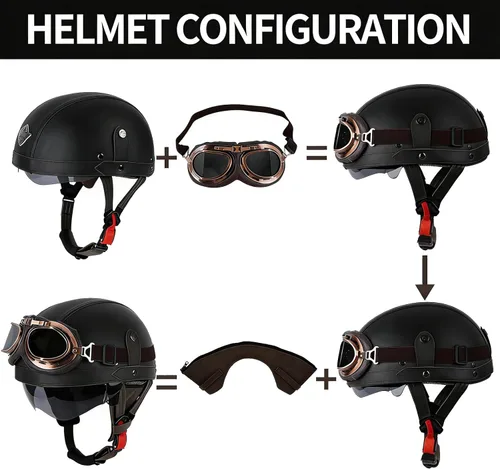Vista 5 de Casco de motocicleta de estilo alemán, casco de cuero retro, aprobado por el DOT, para adultos, hombres y mujeres, casco de media cara vintage