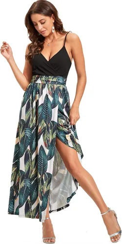 Vista 4 de Newshows - Vestido largo de verano con cuello en V para mujer, con tirantes delgados, sin mangas, con estampado floral, casual y con apertura lateral