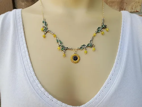 Vista 5 de Green Leaf and Sunflower Necklace w/Agate Bead Dangle - Hand Painted Sunny, Golden Yellow Flower and Leafy Green Necklace - Nature Colors Jewelry