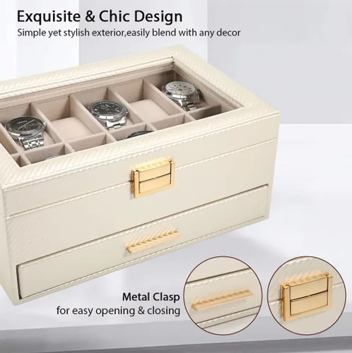 Vista 2 de Voova - Organizador de cajas de joyería para relojes para hombres y mujeres, 2 capas grandes con 12 ranuras, estuche de almacenamiento de relojes