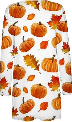 Vista 5 de Cárdigan con estampado de hojas de arce y calabaza para mujer, Halloween, Acción de Gracias, frente abierto, cárdigan de manga larga con bolsillos