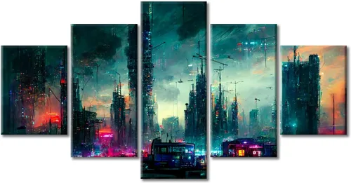 Vista 102 de Cuadros de 5 paneles de Cyberpunk City, arte de pared, representación de vallas publicitarias, edificios modernos en la capital con obras de arte