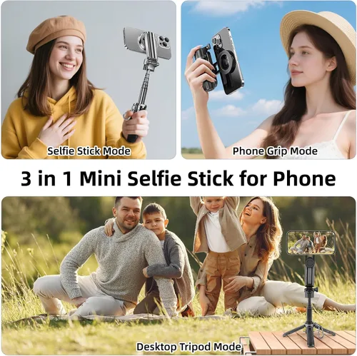 Vista 8 de WOVTE Palo selfie magnético 4 en 1, trípode MagSafe de bolsillo portátil para iPhone con control remoto desmontable, rotación de 360° para iPhone