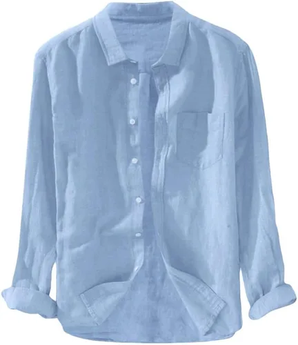 Vista 6 de Camisa de lino para hombre, manga larga, cómoda, abotonada, lisa, ligera, holgada, con bolsillos