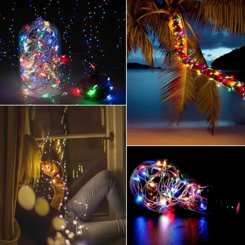 Vista 4 de Luces de cadena para exteriores de 33 pies con 100 LED, paquete de 2 luces de hadas que funcionan con baterías con control remoto, luces Multicolor