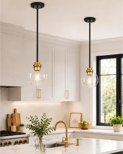 Vista 29 de Luces Colgantes para Isla de Cocina, 7" Luminarias Colgantes Negras y Doradas con Pantalla de Globo de Vidrio Transparente, Iluminación Moderna