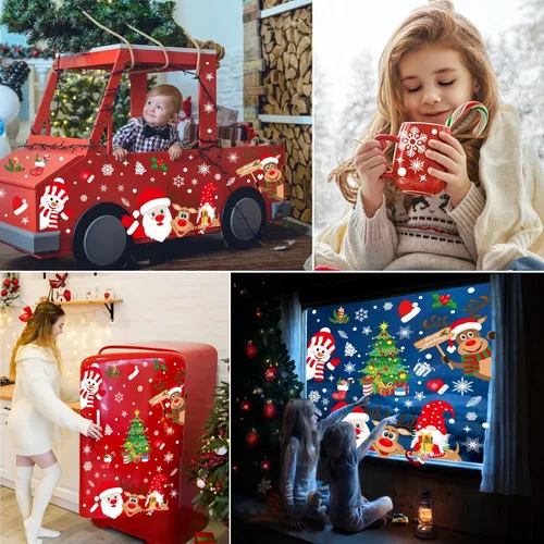 Vista 4 de Calcomanías navideñas para ventana, 267 unidades, reutilizables, de doble cara, impresas, autoadhesivas, decoración de ventana, Papá Noel, alce